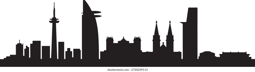 Skyline de la ciudad de Saigón, con Lugares famosos icónicos. silueta negra de Vector de diseño
