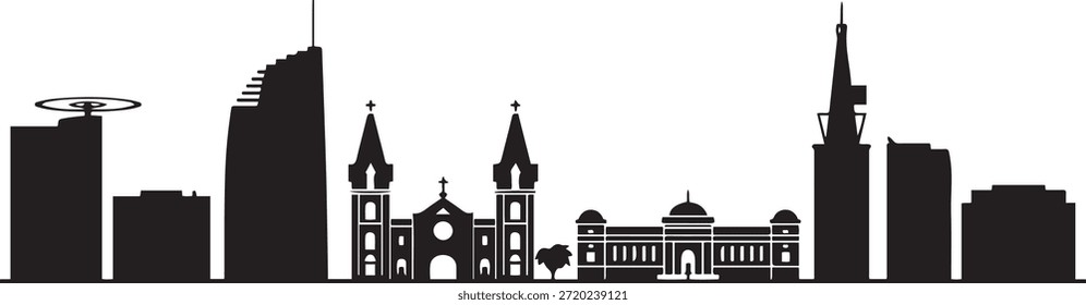 Skyline de la ciudad de Saigón, con Lugares famosos icónicos. silueta negra de Vector de diseño
