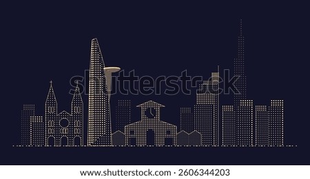 City Skyline of Saigon, featuring iconic landmarks, including Notre Dame basillica, Bitexco financical tower, Ben Thanh Market, Vietcombank tower and Landmark 81