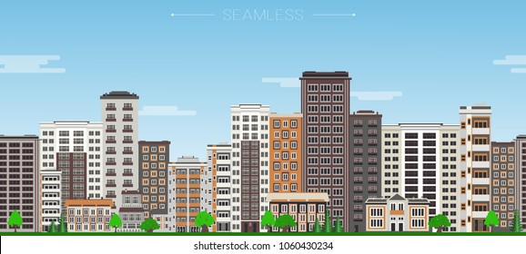 City skyline seamless border pattern with high-rise apartment houses and municipal buildings, green trees on blue sky background with clouds in flat style. Colorful cityscape. Vector illustration.