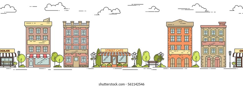 City skyline seamless pattern in line art style - landscape with houses, trees and clouds. Isolated vector illustration of beautiful cityscape for real estate and property banner or card.