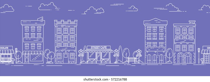 City skyline seamless pattern in line art style - landscape with houses, trees and clouds. Isolated vector illustration of beautiful cityscape for real estate and property banner or card.