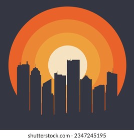 A city skyline is seen in front of a graphic sunset design.