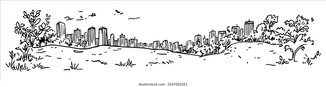city skyline seen from a park with trees, hand drawn sketch