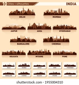City skyline set. India. Vector silhouette background illustration.