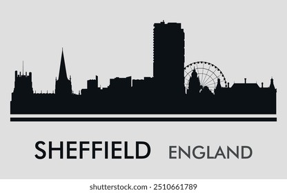 The city skyline. Sheffield. England. Silhouettes of buildings. Vector on a gray background