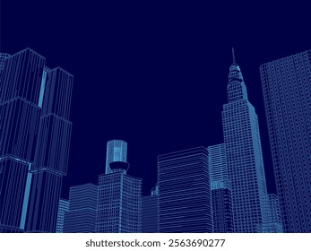 City skyline is shown in a blue color scheme. The buildings are tall and the sky is dark. Scene is one of mystery and intrigue