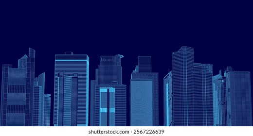 City skyline is shown in blue with a futuristic feel. The buildings are tall and sleek, giving the impression of a modern metropolis