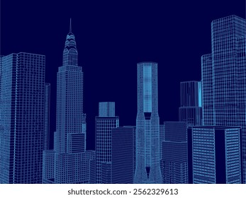 City skyline is shown in blue with a tall building in the middle