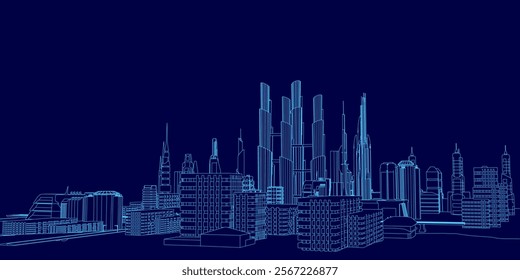 City skyline is shown in blue with tall buildings and a dark sky. The cityscape is illuminated, giving it a futuristic and modern feel