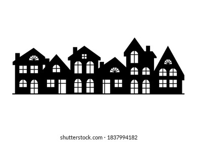 City skyline silhouette. Black houses silhouettes. Buildings icon for mobile concept and web app. Residential house property exterior view. Vector illustration on white background.