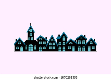 City skyline silhouette. Black houses silhouettes. Buildings icon for mobile concept and web app. Residential house property exterior view. Vector illustration on white background.