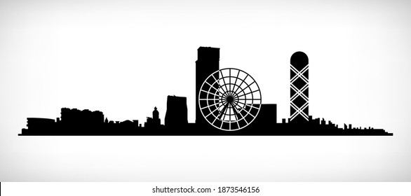 City skyline silhouette. Black houses, ferris wheel silhouettes on white. Modern buildings icon for mobile concept and web app. Downtown residential house property exterior view. Vector illustration.