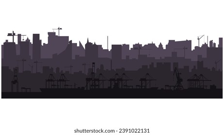 City skyline silhouette and cargo port with cranes isolated on white background. Parallax layers. Vector.