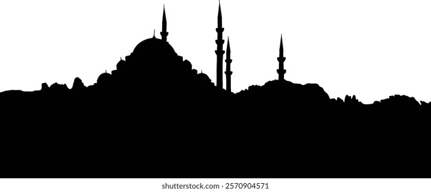 City skyline silhouette with prominent mosques and minarets.