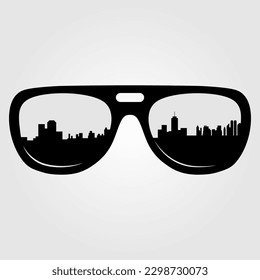 City skyline silhouette reflected in the sunglasses. Vector illustration