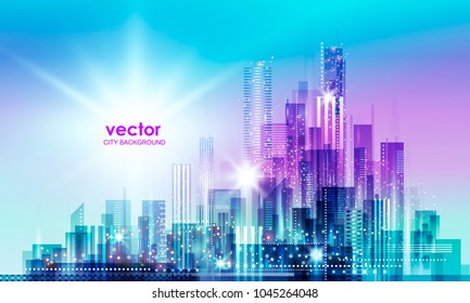 City skyline silhouette at sunset, illustration with architecture, skyscrapers, megapolis, buildings, downtown.