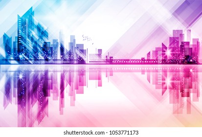 City skyline silhouette at sunset, illustration with architecture, skyscrapers, megapolis, buildings, downtown.