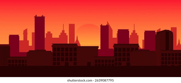 City skyline silhouette at sunset shows impressive buildings, creating an urban panoramic scene.