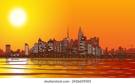 City skyline silhouette at sunset. Skyscappers, towers, office and residental buildings. Sea and cityscape under sunrise sky. Vector illustration