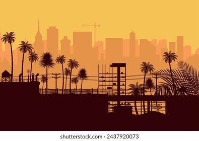 City skyline silhouette at sunset. Skyscappers, towers, office and residental buildings. Palm tree and cityscape under sunrise sky. Vector illustration