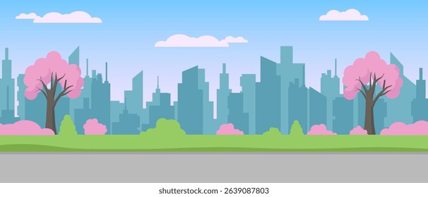 City skyline silhouette with tall buildings and spring trees. the panorama shows soft colors.