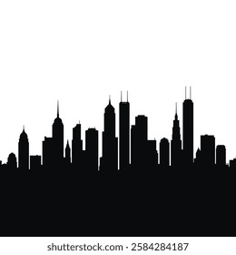 city skyline silhouette, urban landscape, skyscrapers, black and white, high contrast.