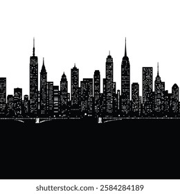 city skyline silhouette, urban landscape, skyscrapers, black and white, high contrast.