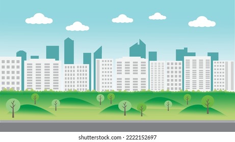 City skyline silhouette white building green tree vector illustration. 