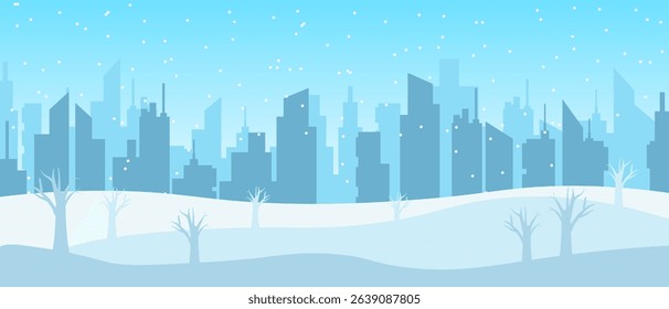 City skyline silhouetted against a winter background with snow falling gently.