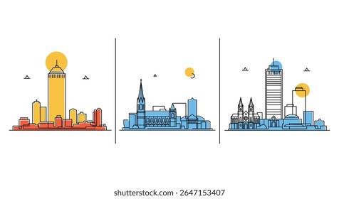 City Skyline Silhouettes with Architectural and Graphic Elements