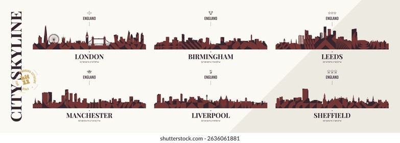 Silhuetas do horizonte da cidade Londres, Birmingham, Leeds, Manchester, Liverpool, Sheffield, Panoramas do horizonte da paisagem urbana inglesa com padrão geométrico brutalismo abstrato, detalhe paisagem urbana da cidade, kit 10