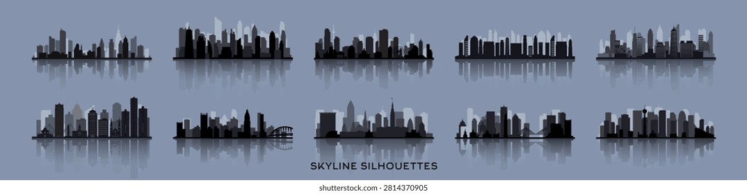 City skyline silhouettes with reflections on water. Urban architecture panorama icons.