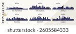 City skyline silhouettes San Francisco, Los Angeles, Las Vegas, Phoenix, Houston, Dallas, Panoramas of the USA cityscape horizon with abstract brutalism geometric pattern, urban landscape, kit 7