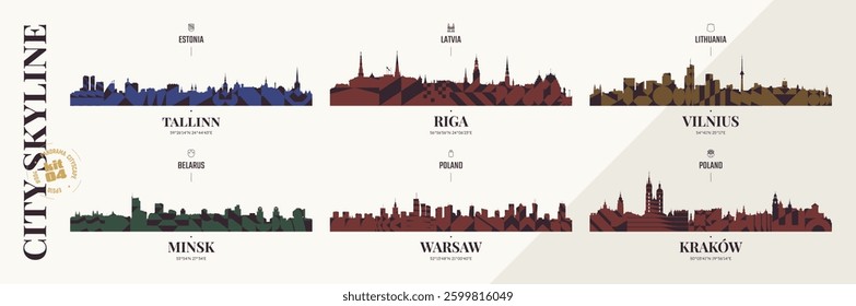 City skyline silhouettes Tallinn, Riga, Vilnius, Minsk, Warsaw, Krakow, Panoramas of the Baltic and Polish cityscape horizon with abstract brutalism geometric pattern, detail urban landscape, kit 4