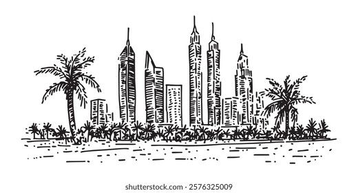 city skyline sketch with modern skyscrapers and palm trees in black outline