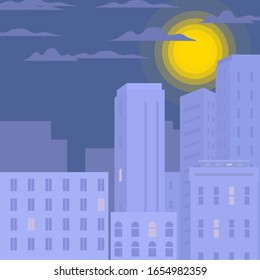 city skyline / skycrapers vector. with cloud and moon simple flat design illustration. stock vector