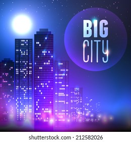 City Skyline With Skyscraper Buildings At Full Moon Night On Purple Background Vector Illustration.