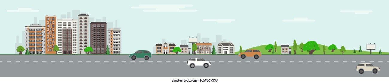 City skyline with skyscrapers, public park with green trees and lawn and road with vehicles on blue sky background with clouds in flat style. Colorful horizontal cityscape. Vector illustration.