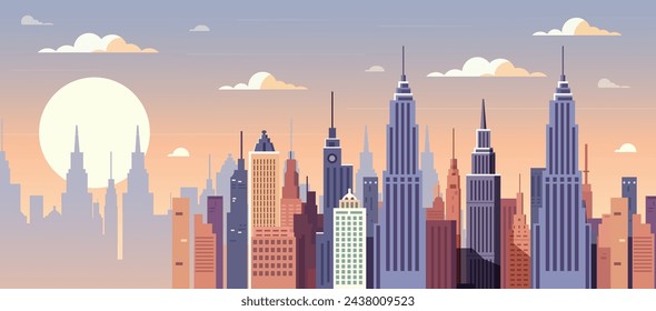 City skyline with skyscrapers and tower blocks against a sunset backdrop. The city skyline is illuminated by the setting sun, casting warm glow on skyscrapers and tower blocks. Vector illustration