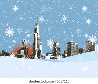 City skyline in the snowy winter, Vector background