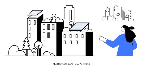 City skyline with solar panels on buildings, surrounded by trees. Woman points at the buildings from the side. Minimalist line art in blue and black. Ideal for sustainability, renewable energy, urban