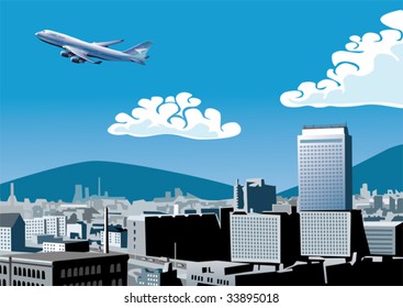 City skyline with starting airplane, Illustration