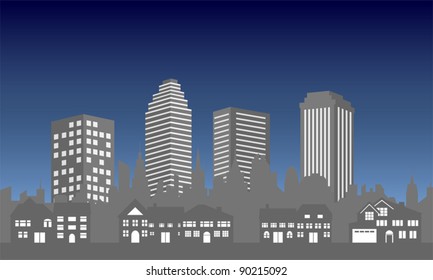 City skyline and suburban houses