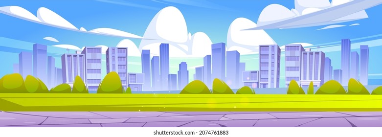 City skyline, summer urban view background with skyscrapers, green lawn and pathway. Summertime cityscape. downtown with architecture with residential buildings panorama, Cartoon vector illustration