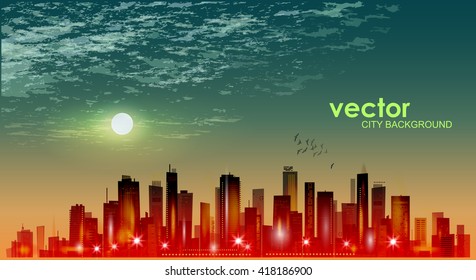 City skyline at sunset