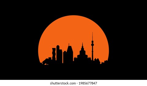 City skyline at sunset. Black silhouette on the sunset background. Vector illustration