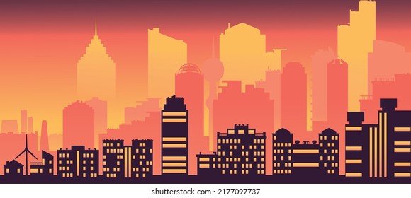 El horizonte de la ciudad al atardecer. Diseño de vectores planos 