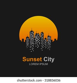 City skyline at sunset icon.