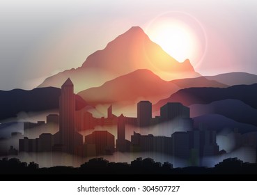 City Skyline at Sunset in the Mountains - Vector Illustration